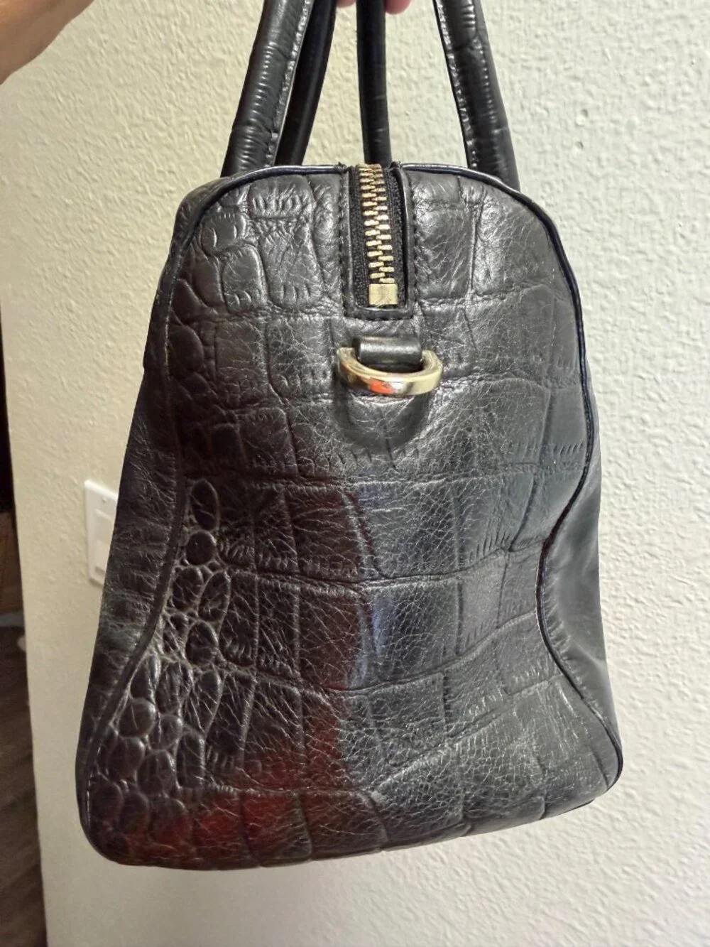 Cole Haan Black Leather Croc-Embossed Satchel Bag With Dual Handles & Zipper Clo